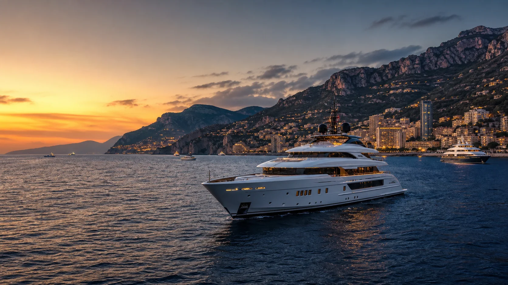 Superyacht cruising along the French Riviera at golden hour